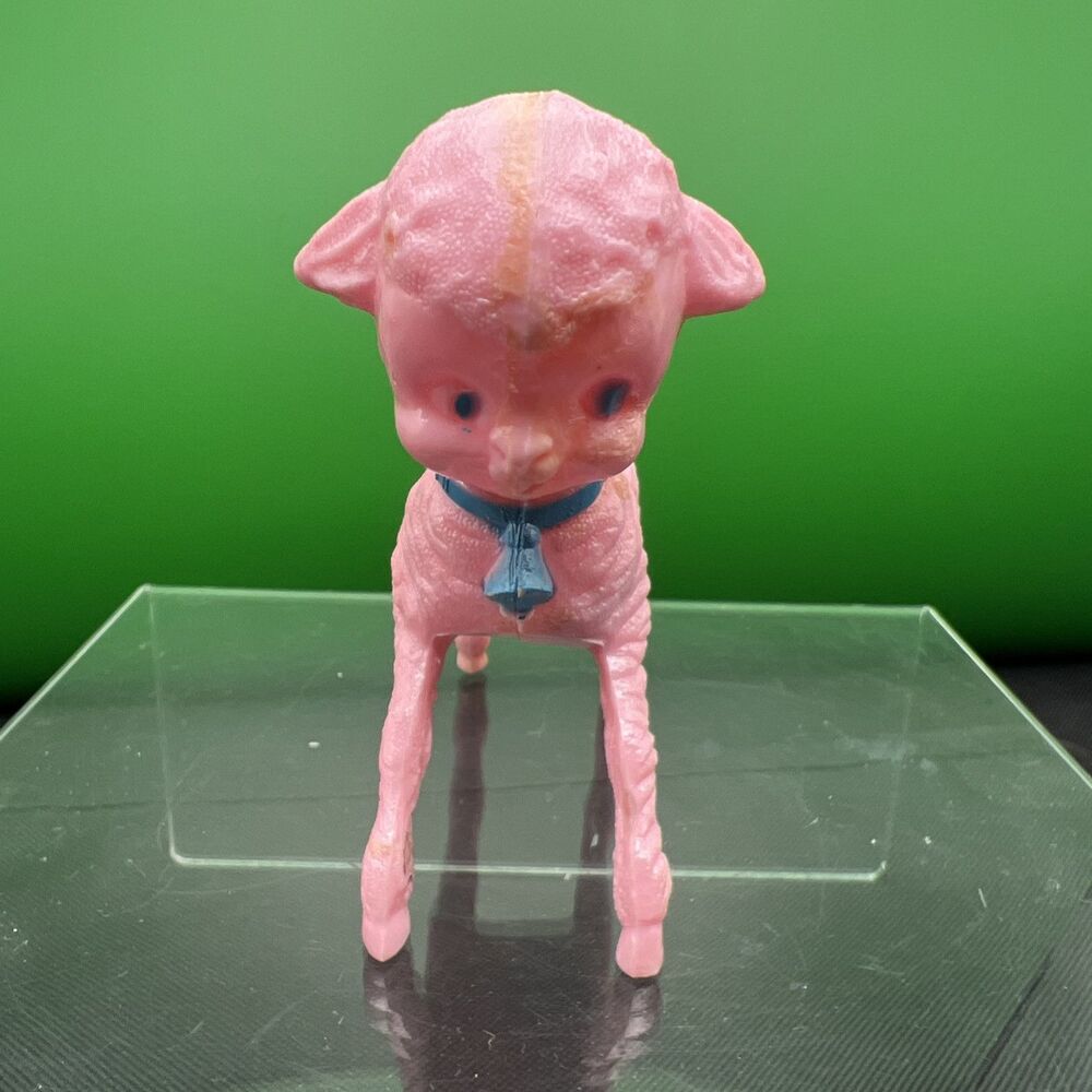 Vintage 1950s Lamb Baby Rattle Toy Pink  Blue Bow Bell Plastic Figure